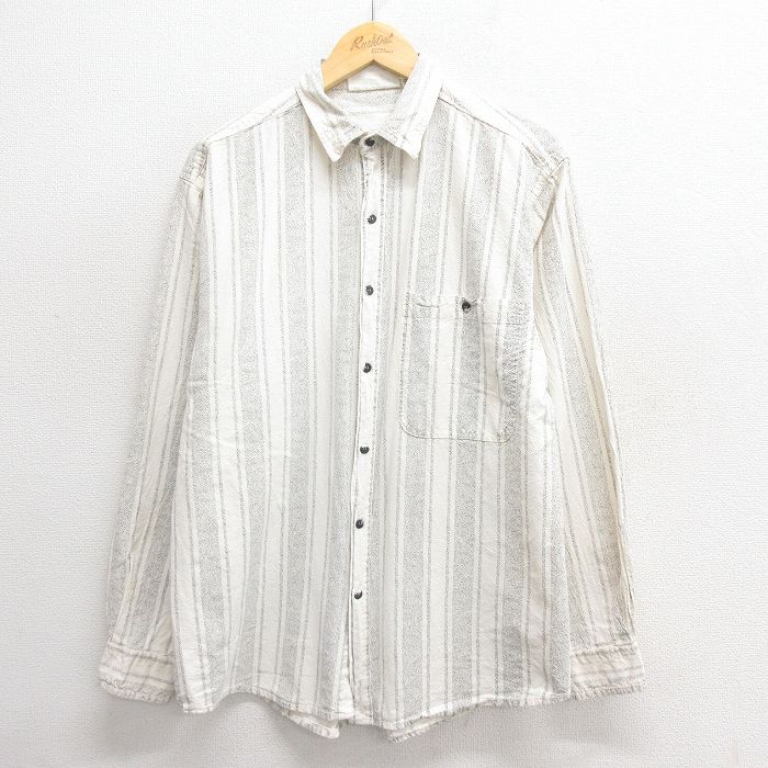 【50%OFF】L★古着 長袖 シャツ メンズ 90年代 90s コットン 白他 ホワイト ストライプ 25may26 中古 トップス
