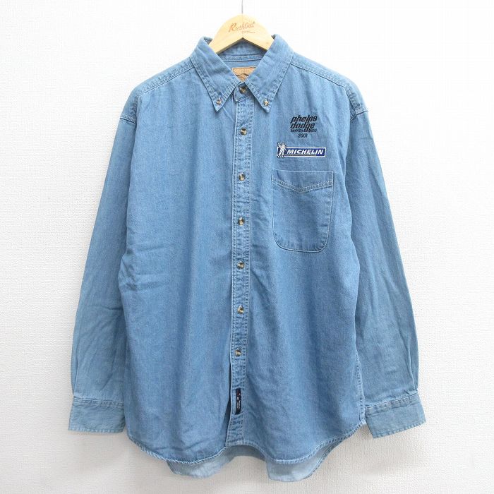 XL★古着 長袖 シャツ メンズ ミシュラン コットン ボタンダウン 紺 ネイビー デニム 【spe】 25may26 中古 トップス