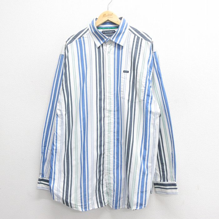 【20%OFF】XL★古着 ENYCE 長袖 シャツ メンズ 大きいサイズ ロング丈 コットン 白他 ホワイト ストライプ 25may26 中古 トップス