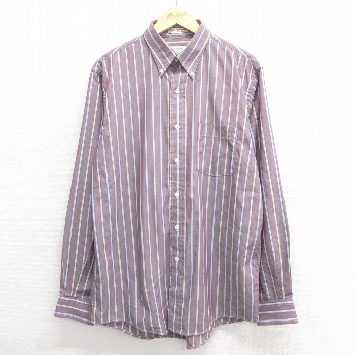 L★古着 アロー 長袖 シャツ メンズ 90年代 90s ボタンダウン USA製 えんじ他 ストライプ 25may26 中古 トップス