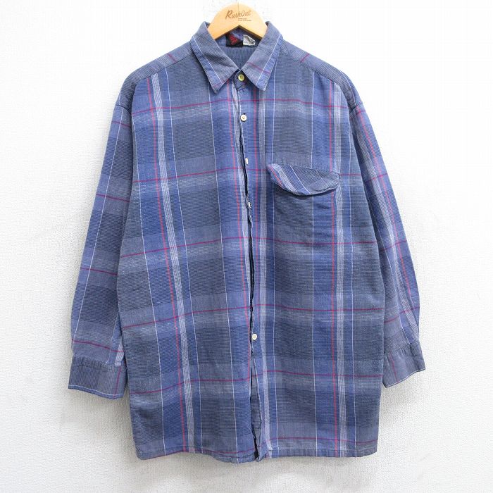 【50%OFF】L★古着 長袖 シャツ メンズ 90年代 90s コットン 紺他 ネイビー チェック 25may28 中古 トップス