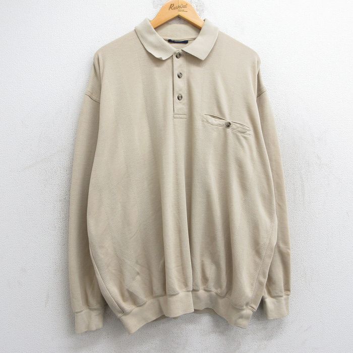 XL★古着 長袖 ポロ シャツ メンズ 鹿の子 大きいサイズ ベージュ カーキ 25may28 中古 トップス