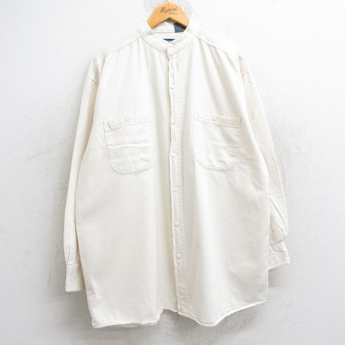 XL★古着 長袖 シャツ メンズ 90年代 90s 大きいサイズ ロング丈 コットン ノーカラー 生成り 25may28 中古 トップス