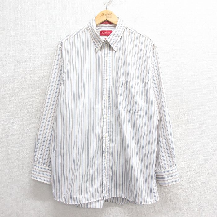 【50%OFF】XL★古着 長袖 シャツ メンズ オックスフォード ボタンダウン 薄紺他 ネイビー ストライプ 25may29 中古 トップス