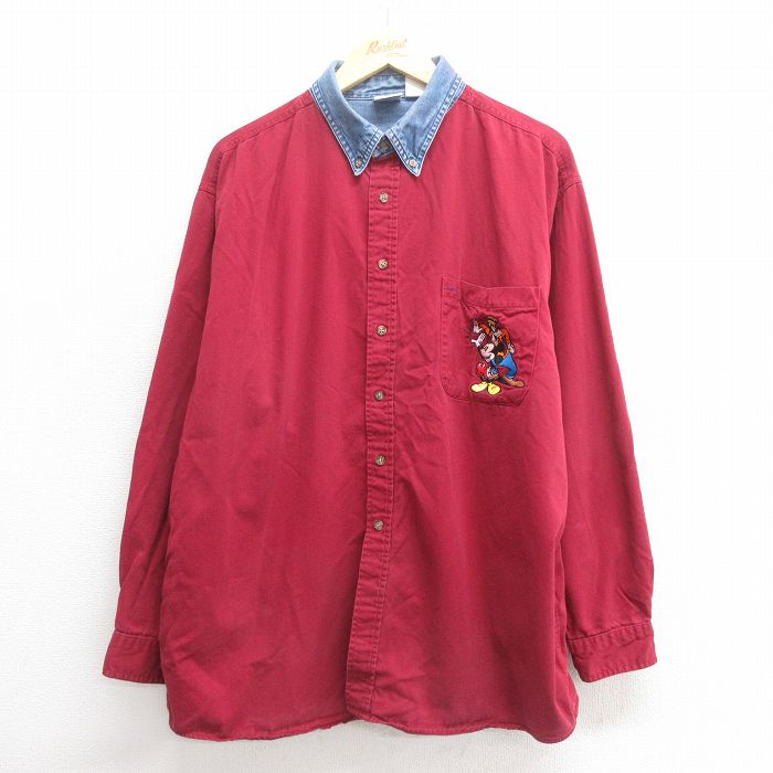 【20%OFF】XL★古着 長袖 シャツ メンズ 00年代 00s ディズニー DISNEY ミッキー MICKEY MOUSE 大きいサイズ ツートンカラー コットン ボタンダウン エンジ 【spe】 25may29 中古 トップス