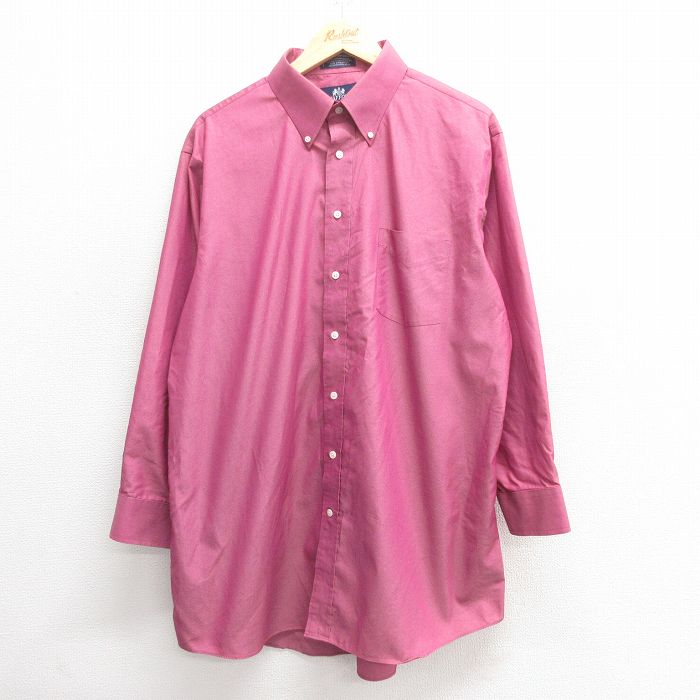 XL★古着 長袖 シャツ メンズ オックスフォード 大きいサイズ ロング丈 ボタンダウン エンジ 25may29 中古 トップス