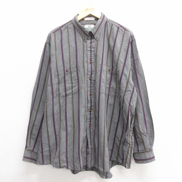 【20%OFF】XL★古着 バンヒューセン 長袖 シャツ メンズ 00年代 00s 大きいサイズ コットン ボタンダウン グレー他 ストライプ 25may29 中古 トップス