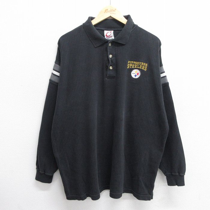 【20%OFF】XL★古着 長袖 ポロ シャツ メンズ NFL ピッツバーグスティーラーズ 大きいサイズ コットン 黒他 ブラック アメフト スーパーボウル 25may30 中古 トップス