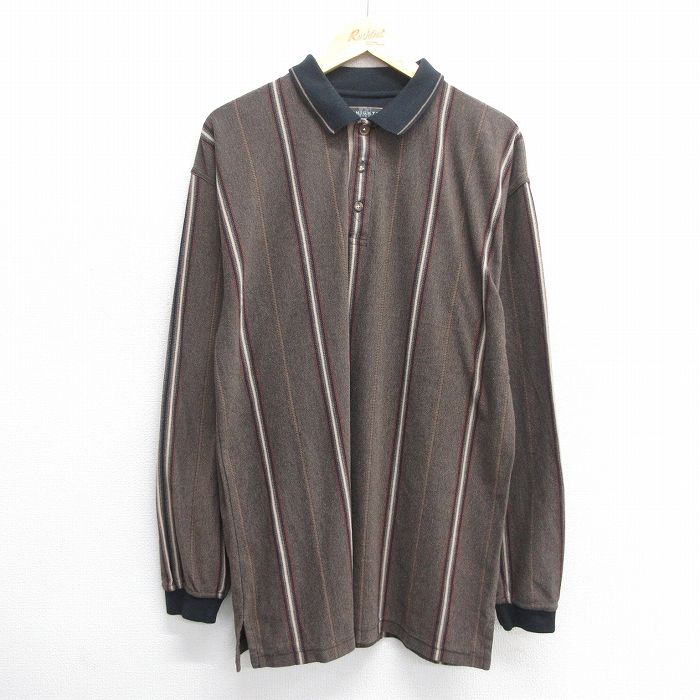 L★古着 長袖 ポロ シャツ メンズ ロング丈 茶系他 ブラウン ストライプ 25may30 中古 トップス