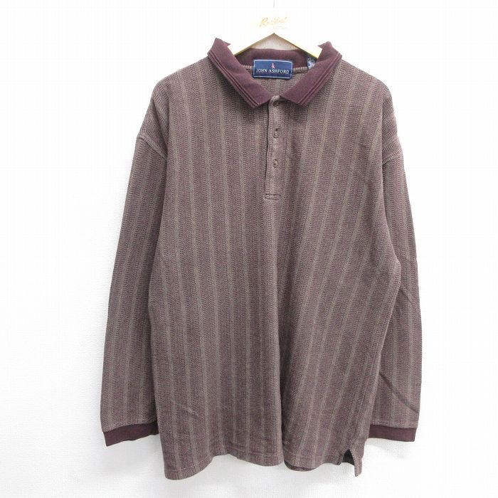 XL★古着 長袖 ポロ シャツ メンズ 90年代 90s コットン USA製 えんじ系他 ストライプ 25may30 中古 トップス