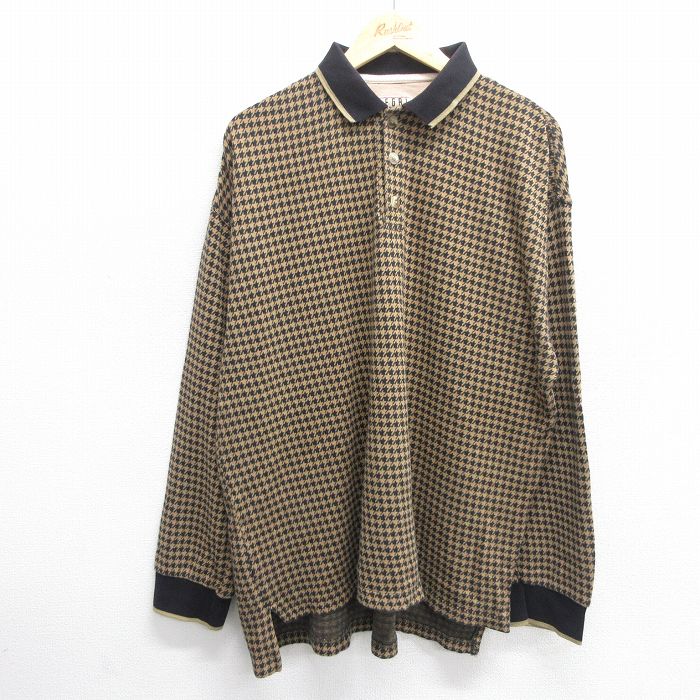 XL★古着 長袖 ポロ シャツ メンズ 00年代 00s 千鳥格子 大きいサイズ コットン 黒他 ブラック 25may30 中古 トップス
