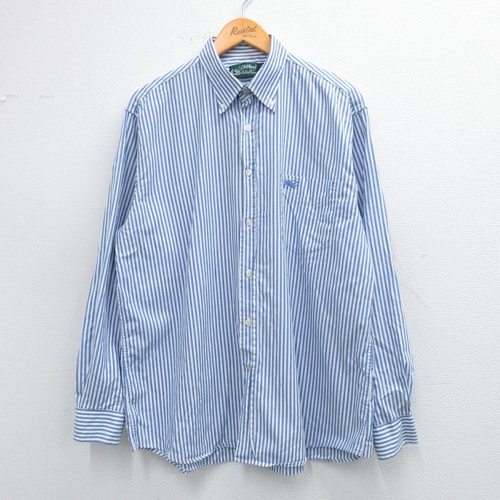 L★古着 長袖 シャツ メンズ 90年代 90s コットン ボタンダウン 薄紺 ネイビー ストライプ 25may30 中古 トップス