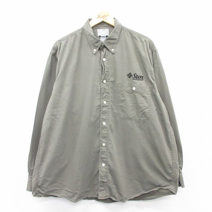 【50%OFF】XL★古着 長袖 シャツ メンズ 00年代 00s Sun マイクロシステム 大きいサイズ ロング丈 コットン ボタンダウン 濃緑系 グリーン 25may30 中古 トップス