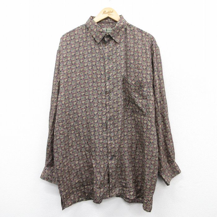 【20%OFF】XL★古着 長袖 シャツ メンズ 90年代 90s 総柄 ロング丈 シルク 黒他 ブラック 【spe】 25may30 中古 トップス