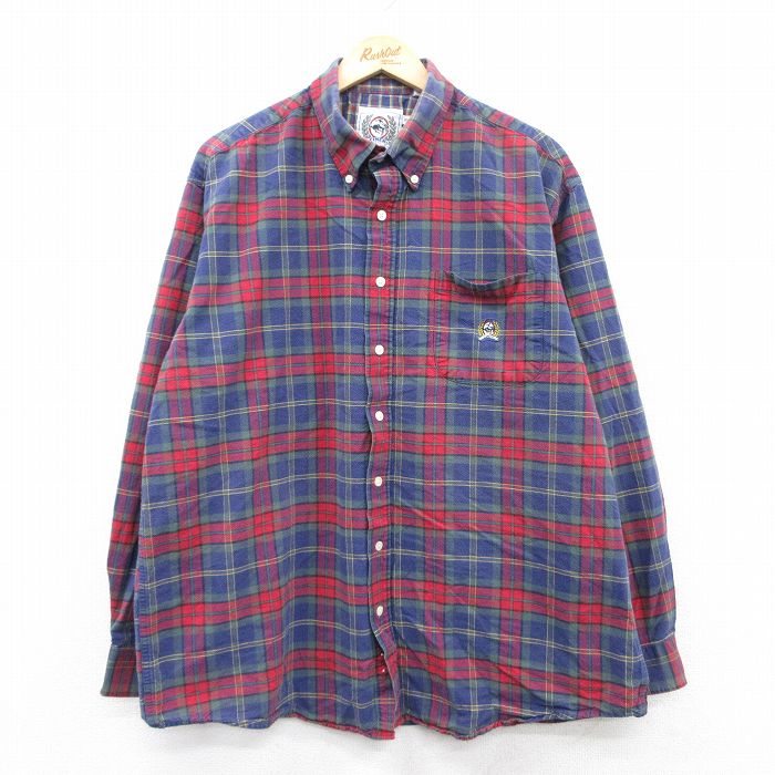 XL★古着 長袖 シャツ メンズ 90年代 90s ワンポイントロゴ 大きいサイズ ロング丈 コットン ボタンダウン 紺他 ネイビー チェック 25may30 中古 トップス