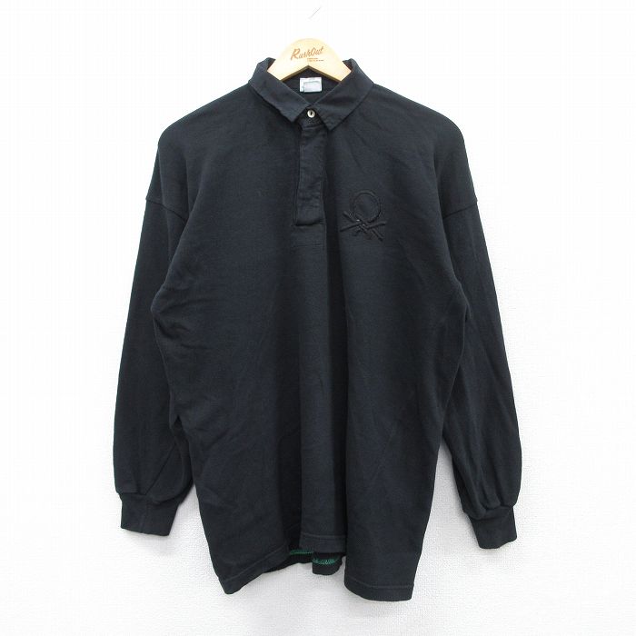L★古着 ベネトン BENETTON 長袖 ラガー シャツ メンズ 80年代 80s コットン イタリア製 黒 ブラック 25may30 中古 トップス