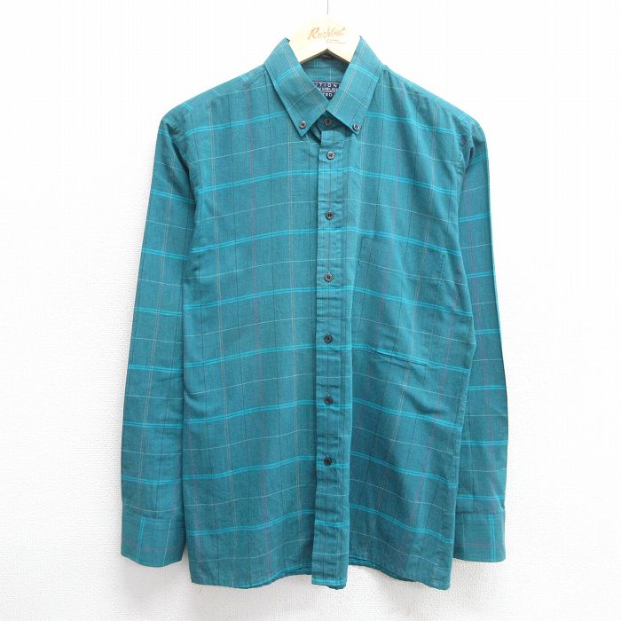M★古着 バンヒューセン 長袖 シャツ メンズ 90年代 90s ボタンダウン 青緑他 チェック 25may31 中古 トップス