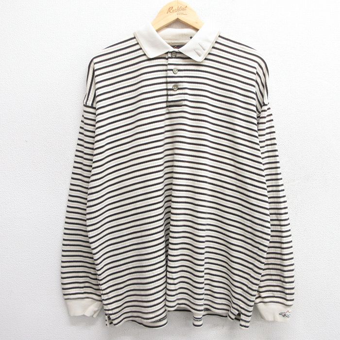 XL★古着 グレッグノーマン 長袖 ポロ シャツ メンズ 大きいサイズ コットン 生成り他 ボーダー 25may31 中古 トップス