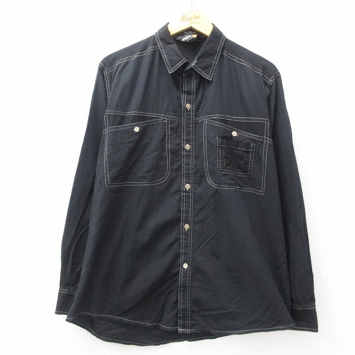 XL★古着 SASSON 長袖 シャツ メンズ 80年代 80s コットン 黒 ブラック 25may31 中古 トップス