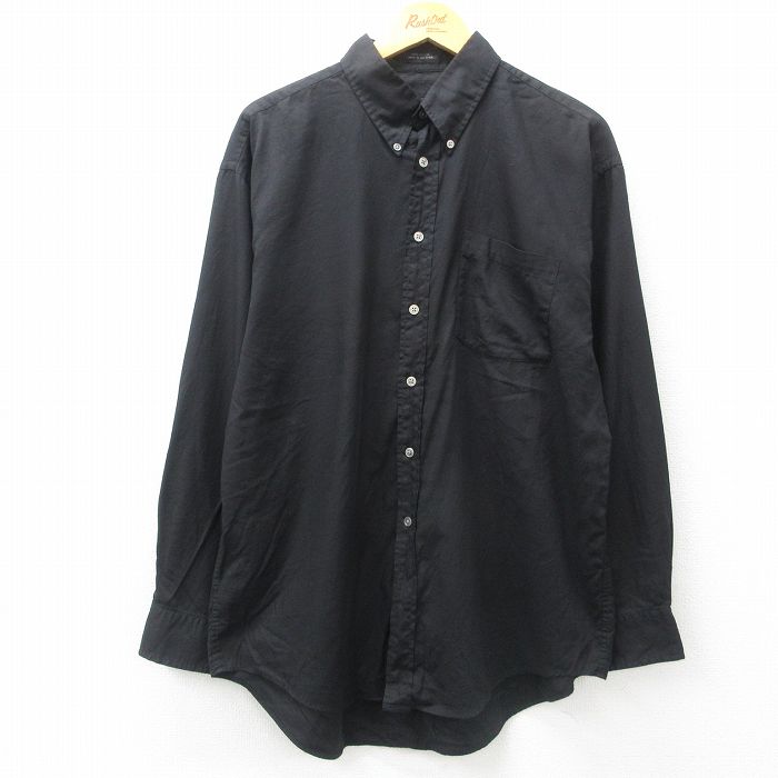 XL★古着 長袖 シャツ メンズ ロング丈 コットン ボタンダウン 黒 ブラック 25may31 中古 トップス