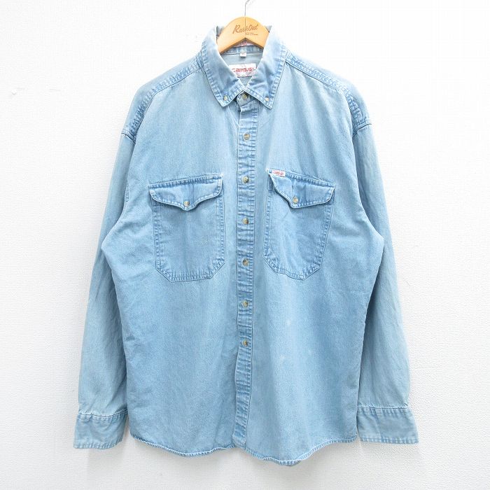 XL★古着 キャンパス 長袖 シャツ メンズ 00年代 00s 大きいサイズ コットン ボタンダウン 薄紺 ネイビー デニム 25may31 中古 トップス