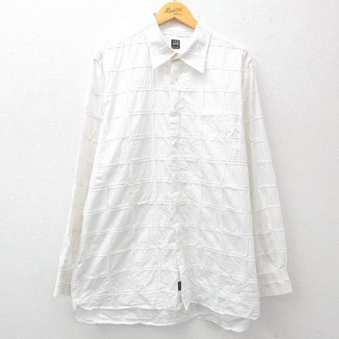 XL★古着 長袖 シャツ メンズ パッチワーク 大きいサイズ ロング丈 コットン 白 ホワイト 25jun03 中古 トップス