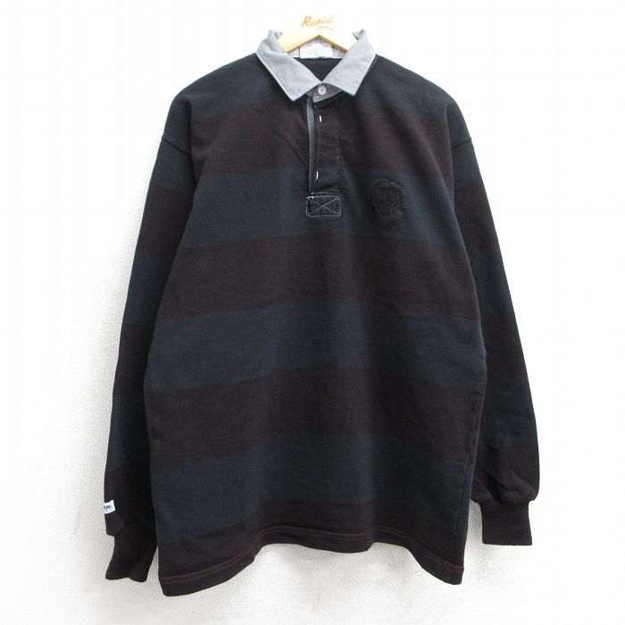 XL★古着 バーバリアン 長袖 ラガー シャツ メンズ 90年代 90s ハーバード コットン カナダ製 黒他 ブラック ボーダー 【spe】 25jun10 中古 トップス