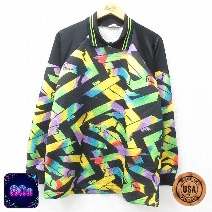 【50%OFF】80s ラグラン長袖トップス 総柄 ブラック L | 古着