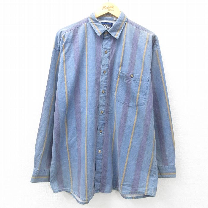XL★古着 長袖 シャツ メンズ 90年代 90s コットン 紺他 ネイビー ストライプ 25jun11 中古 トップス