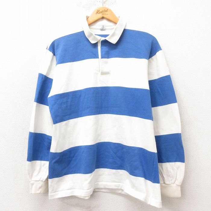 M★古着 長袖 ラガー シャツ メンズ 90年代 90s コットン USA製 青 ブルー ボーダー 25jun16 中古 トップス