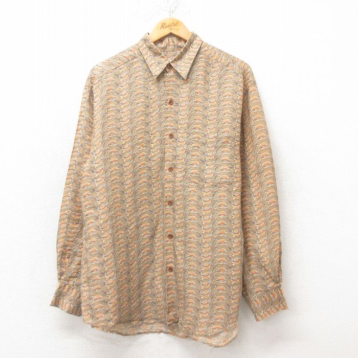 【50%OFF】L★古着 長袖 シャツ メンズ 00年代 00s 魚 リネン 茶 ブラウン 25jun16 中古 トップス