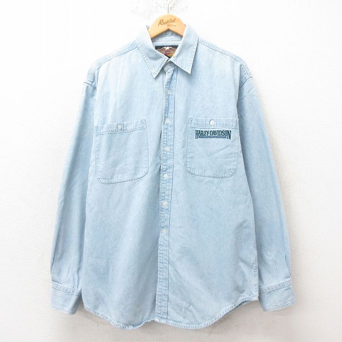 XL★古着 ハーレーダビッドソン Harley Davidson 長袖 シャツ メンズ コットン 紺 ネイビー デニム 25jun16 中古 トップス