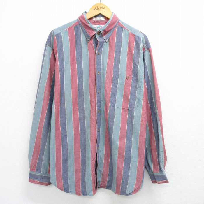 XL★古着 長袖 シャツ メンズ 00年代 00s ロング丈 コットン ボタンダウン 緑系他 グリーン ストライプ 25jun19 中古 トップス