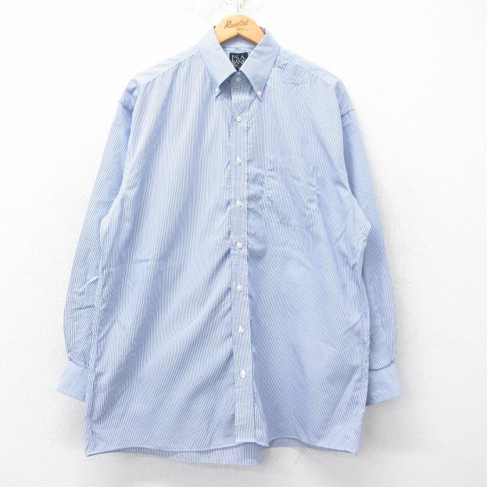 XL★古着 JOS A BANK 長袖 シャツ メンズ 大きいサイズ ロング丈 コットン ボタンダウン 紺他 ネイビー ストライプ 25jun20 中古 トップス