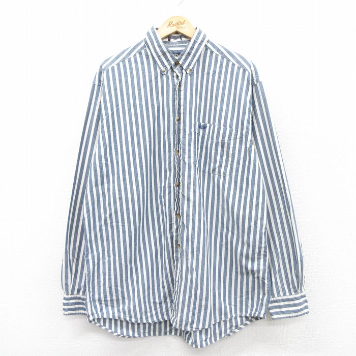 XL★古着 ドッカーズ 長袖 シャツ メンズ 90年代 90s ワンポイントロゴ ロング丈 コットン ボタンダウン 紺他 ネイビー ストライプ 25jun23 中古 トップス