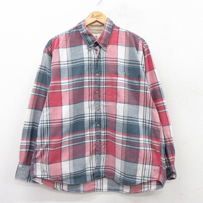 XL★古着 長袖 シャツ メンズ 大きいサイズ コットン ボタンダウン 赤他 レッド チェック 25jun23 中古 トップス