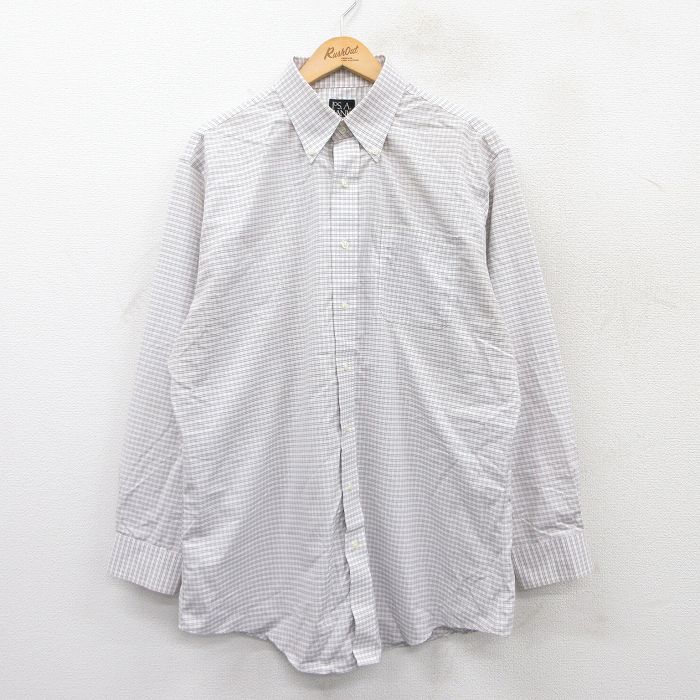 XL★古着 JOS A BANK 長袖 シャツ メンズ ロング丈 コットン ボタンダウン 白他 ホワイト チェック 25jun23 中古 トップス
