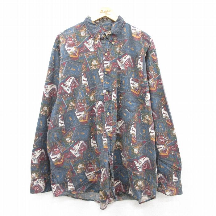 XL★古着 長袖 シャツ メンズ 00年代 00s 本 総柄 大きいサイズ ロング丈 コットン ボタンダウン 紺他 ネイビー 25jun23 中古 トップス