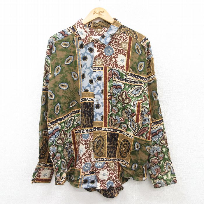 L★古着 長袖 シャツ メンズ 90年代 90s 総柄 レーヨン USA製 茶他 ブラウン 【spe】 25jun23 中古 トップス