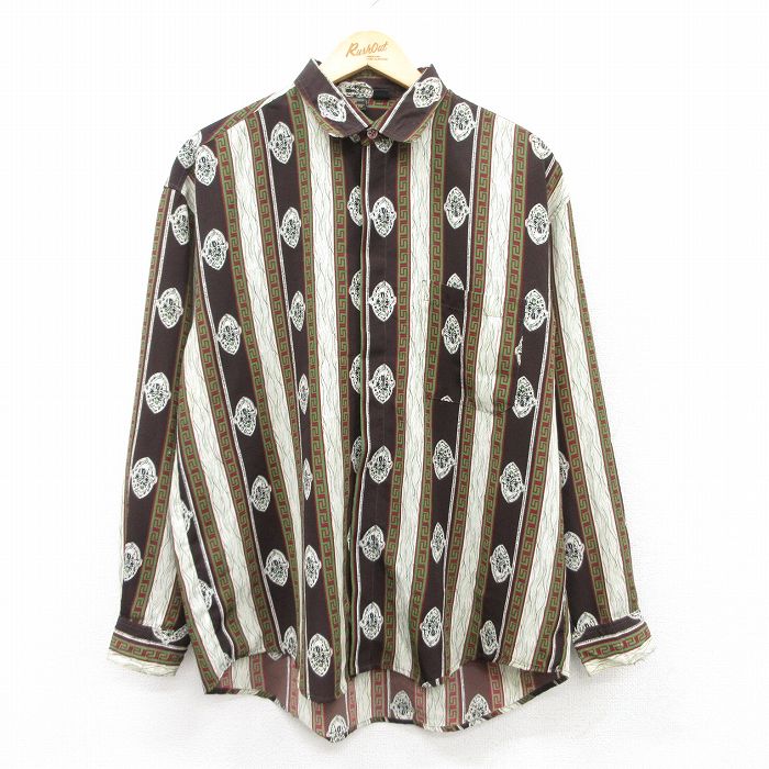 【50%OFF】L★古着 長袖 シャツ メンズ 90年代 90s 茶他 ブラウン ストライプ 25jun23 中古 トップス