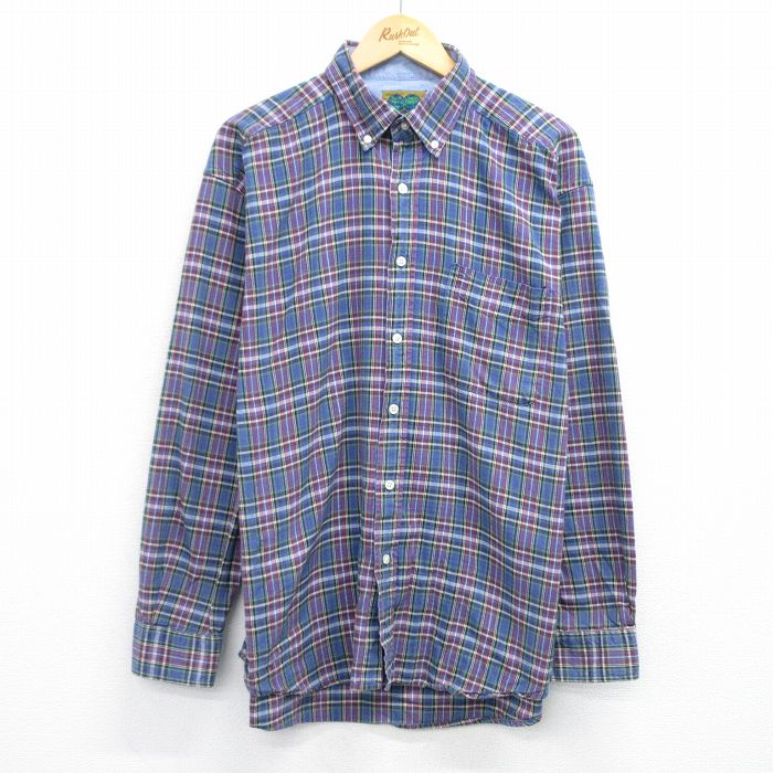 XL★古着 長袖 シャツ メンズ 90年代 90s コットン ボタンダウン 紺他 ネイビー チェック 25jun23 中古 トップス