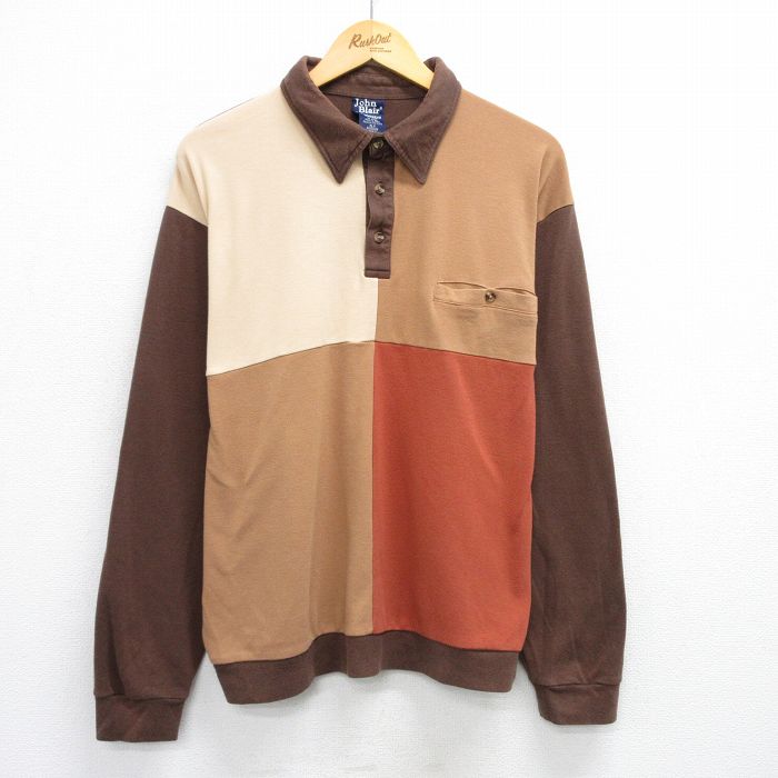 XL★古着 長袖 ポロ シャツ メンズ マルチカラー 茶他 ブラウン 【spe】 25jun23 中古 トップス
