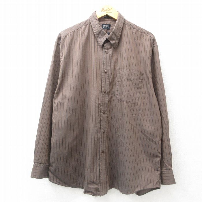 XL★古着 HAGGAR 長袖 シャツ メンズ 大きいサイズ ロング丈 コットン 茶他 ブラウン ストライプ 25jun23 中古 トップス