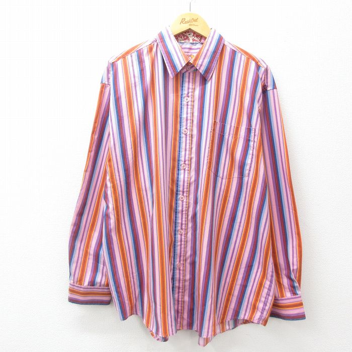 XL★古着 長袖 シャツ メンズ ロング丈 ピンク他 ストライプ 25jun23 中古 トップス