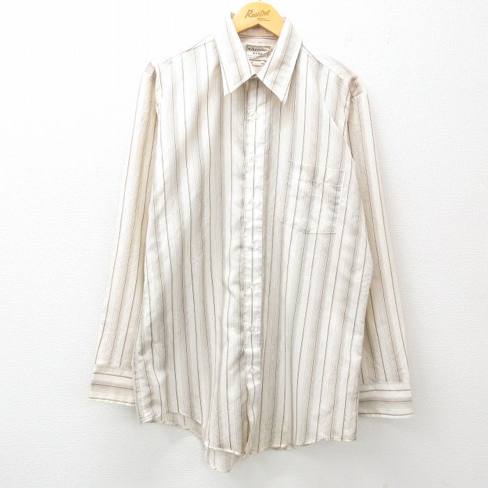 【50%OFF】XL★古着 アロー 長袖 シャツ メンズ 90年代 90s ロング丈 薄ベージュ他 カーキ ストライプ 25jun23 中古 トップス