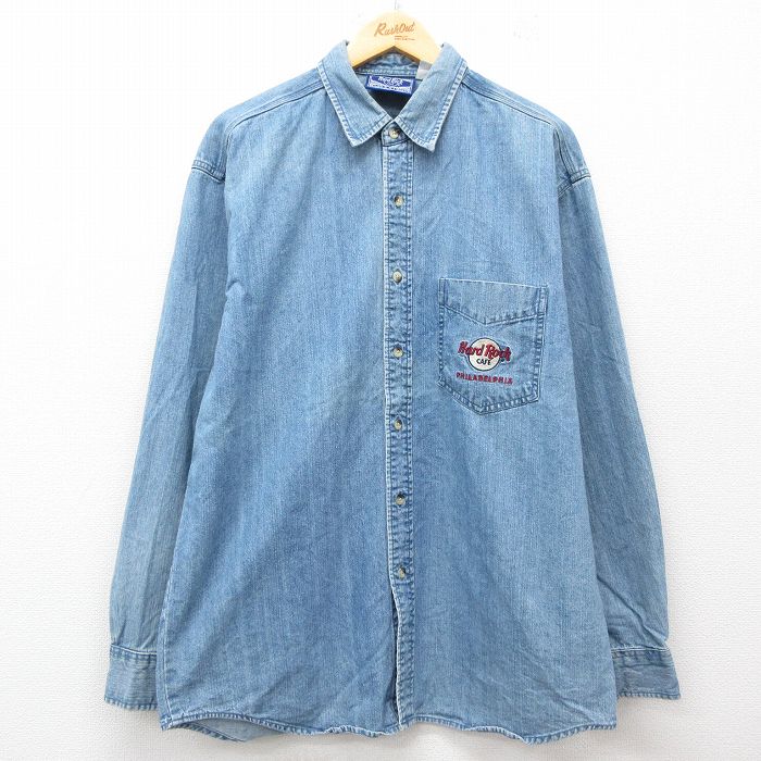 XL★古着 長袖 シャツ メンズ 00年代 00s ハードロックカフェ フィラデルフィア ロング丈 コットン ボタンダウン 紺 ネイビー デニム 25jun25 中古 トップス