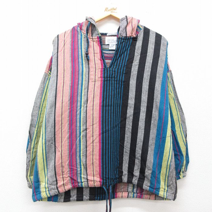 XL★古着 長袖 トップス パーカー メンズ コットン 黒他 ブラック ストライプ 【spe】 25jun25 中古