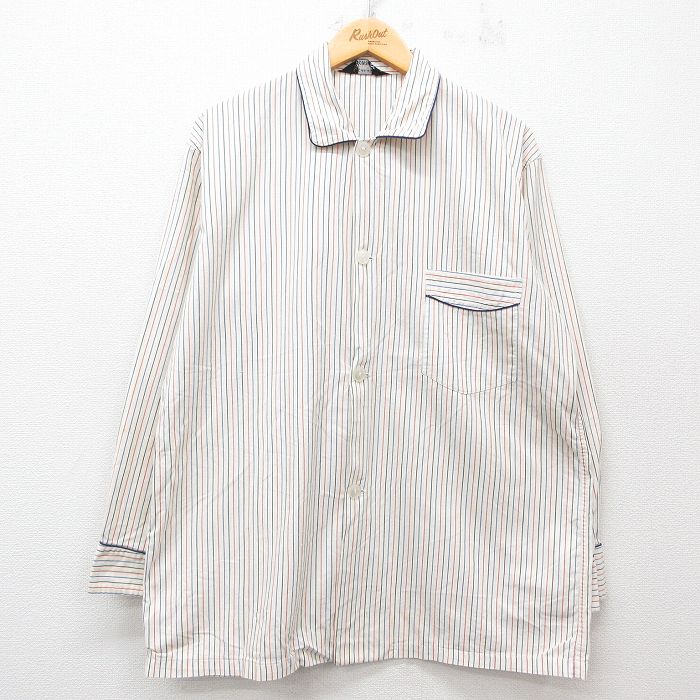 XL★古着 長袖 パジャマ シャツ メンズ 80年代 80s コットン イングランド製 白他 ホワイト ストライプ 25jun25 中古 トップス