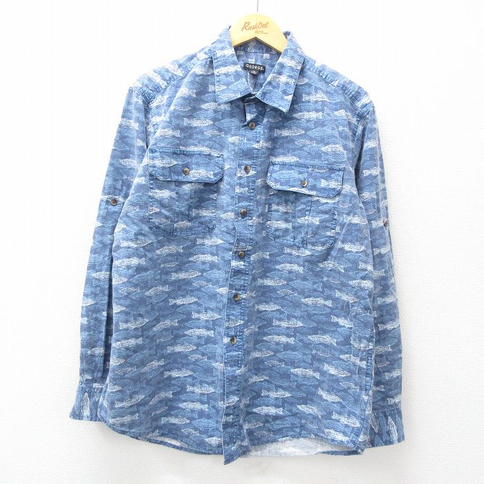 XL★古着 長袖 シャツ メンズ 00年代 00s 魚 総柄 コットン 紺 ネイビー 【spe】 25jun25 中古 トップス