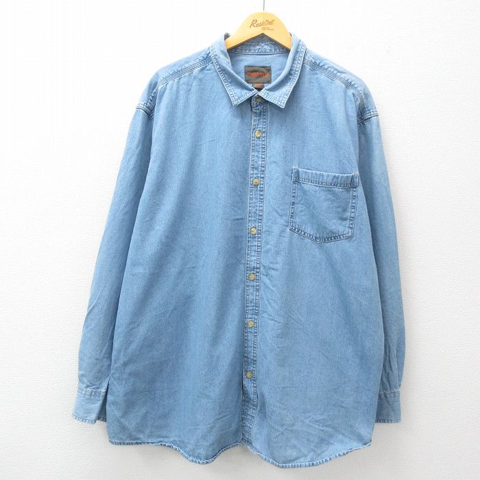 XL★古着 長袖 シャツ メンズ 大きいサイズ ロング丈 コットン 紺 ネイビー デニム 25jun25 中古 トップス
